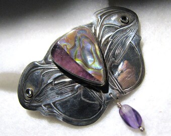 OOAK Vintage TABRA Barrette -- Sterling, Amethyst and Abalone, Immaculate Work/Detail, 11.4 Grams, 2-1/4" long x 1-1/4" wide, Excellent Cond