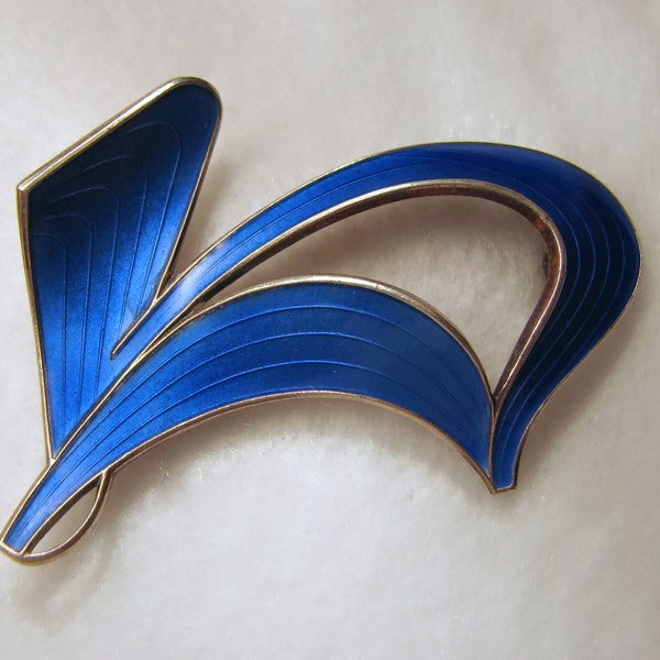 Vintage IVAR HOLTE/Norway Sterling Silver and Royal Blue GUILLOCHE Enamel Brooch -- 9.7g, Over 2" Long, Gorgeous Color