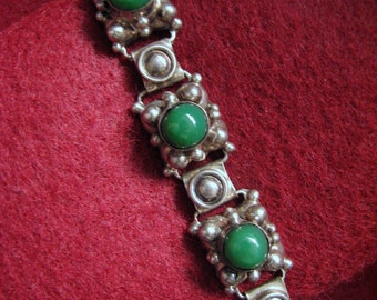 Vintage Mexican Sterling/Green Glass Flower Bracelet -- 7-3/4" long, 35grams