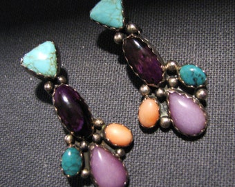 Gorgeous Vintage NAVAJO Semi-Precious Earrings -- Turquoise, Coral and Amethyst, Pierced/Posts, 1-5/8" Long, Excellent Condition