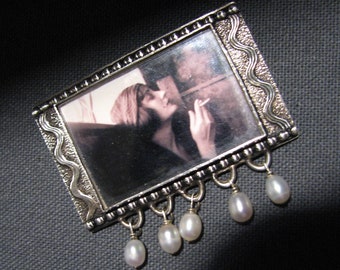 Vintage Bijou Graphique ESTRIN & WILSON Brooch -- Photograph of Smoking Woman, Sterling and Pearls, Heavy 26g, Excellent Cond.