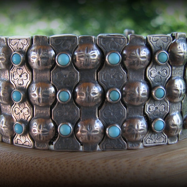 OOAK Sterling Silver and Turquoise Bracelet -- 92 GRAMS!, 7" Long, Gorgeous Color and Detail, 29 Panels on Mesh Base, Excellent Condition