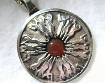 Vintage "WISDOM to THIS WOMAN" Pendant -- 18 Figures in Sterling Silver with Genuine Carnelian Cab, Includes 16.5" Box Chain