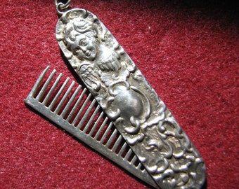 REO 925 Sterling Silver Reproduction CHATELAINE COMB Pendant -- 17 Grams, Almost 3" Long, Angel Repousse, Excellent condition