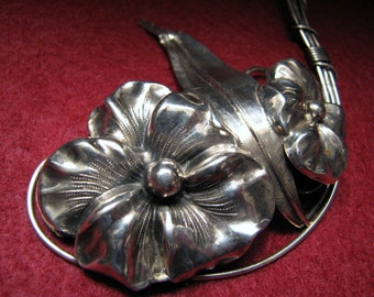 BIG Vintage DOUBLE PANSY Bouquet Brooch in Sterling Silver -- 24.0g, Matching Earrings Available