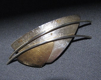 Iconic ED LEVIN Sterling Silver/14K Yellow Gold Brooch -- Modernist Studio Design, 2-5/8" long, 7 Grams, Excellent Cond.