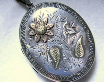 Big VICTORIAN Aesthetic Sterling Silver and Yellow/ Rose Gold Oval Locket w Sunflower Design -- 13g, 2-3/8" long, Gorgeous Detail