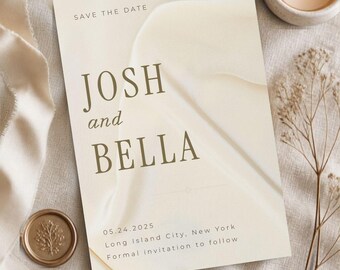 Save-the-Date-Karte aus elfenbeinfarbener Seide | Moderne, minimalistische Hochzeitseinladung (Bearbeitbare Canva-Vorlage)