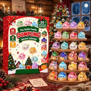 May include: A red and white advent calendar box titled The Smith Family Dumpling Advent Calendar with 24 Christmas Surprises, featuring cartoon dumpling illustrations, alongside a tiered wooden stand displaying 24 colorful dumpling figurines.
