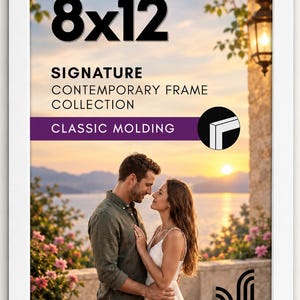 May include: A white picture frame with a display insert featuring the text 8x12, SIGNATURE CONTEMPORARY FRAME COLLECTION, and CLASSIC MOLDING. The insert shows a couple standing together at sunset by a lake with a stone wall and a lantern.