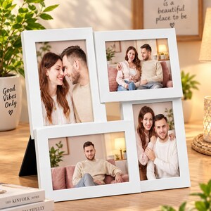 May include: A white multi-opening collage picture frame holding four distinct photographs of a couple. The frame features a vertical orientation on the left, a horizontal one at the top right, a horizontal one at the bottom, and a vertical one on the right.