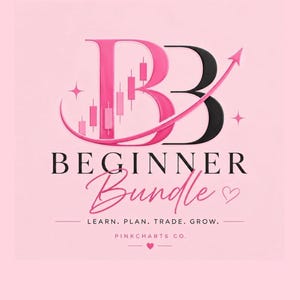 Peut inclure: Un logo graphique sur fond rose clair présentant un grand monogramme BB stylisé en rose et noir avec des éléments de graphique en chandeliers. Le texte indique BEGINNER Bundle, LEARN. PLAN. TRADE. GROW. et PINKCHARTS CO. avec des icônes.