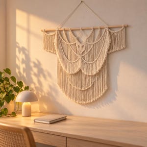 Puede incluir: Un tapiz de macramé color crema con intrincados patrones de nudos, flecos en capas y un diseño geométrico central suspendido de un listón de madera horizontal con un cordón fino para colgar en la superficie de la pared.