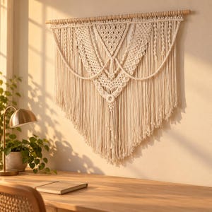 Peut inclure: Une grande tenture murale en macramé blanc cassé suspendue à une tige en bois. La pièce présente des motifs noués complexes, notamment des formes en losange et des cordons torsadés, avec de longues franges formant une pointe en V.