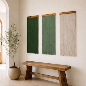 Boho makramédekor, modern konstdekor, minimalistisk garntapet, iögonfallande väggkonst, grön salvia eller krämfärgad