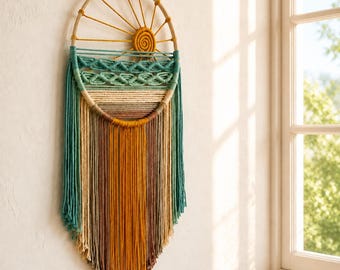 Macrame Sunrise Sunset Wall Decor, Abstract Wall Art, Wood Boho Macrame Wall Decor, Macrame Home Decor, Colorful Wall Decor