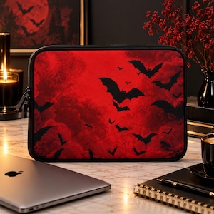 Red Gothic Bat Laptop Sleeve, Dark Vampire Computer Case, Black Bat Laptop Bag, Spooky Red Tablet Sleeve, Halloween Tech Accessory