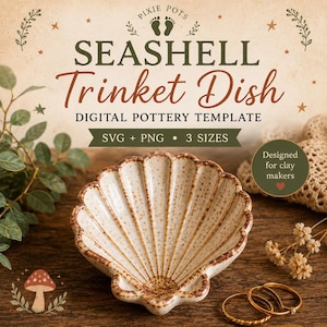 May include: A seashell-shaped trinket dish with a speckled cream and brown glaze. The image includes text: PIXIE POTS SEASHELL TRINKET DISH DIGITAL POTTERY TEMPLATE SVG + PNG 3 SIZES. A small circle text reads: DESIGNED for clay makers.