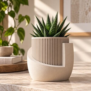 May include: A succulent plant with dark green, pointed, white-striped leaves potted in a beige cylindrical planter. The planter features a vertical ribbed texture on the upper section and a smooth, curved, solid base that wraps around the lower side.