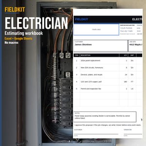 May include: An electrician estimating workbook for Excel and Google Sheets by Fieldkit. The document features a white digital form with black text, including fields for customer details, job site, and a table listing electrical project items.