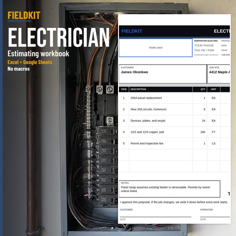 May include: An electrician estimating workbook for Excel and Google Sheets by Fieldkit. The document features a white digital form with black text, including fields for customer details, job site, and a table listing electrical project items.