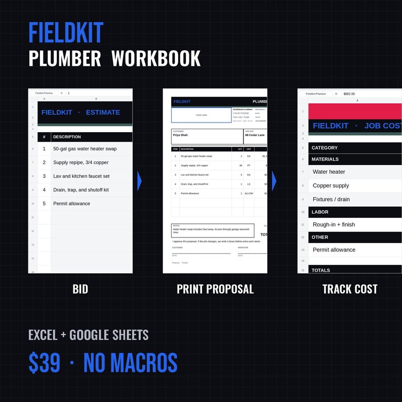 May include: The Fieldkit Plumber Workbook is a digital spreadsheet tool for Excel and Google Sheets. It features three distinct views: a bid estimate list, a printable proposal form, and a job cost tracker. The interface uses black, white, and blue text.