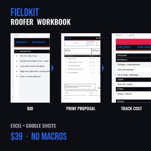 Op de afbeelding: Het Fieldkit Roofer Workbook is een digitaal spreadsheet-hulpmiddel voor Excel en Google Sheets. Het bevat drie secties: Bid, Print Proposal en Track Cost, met kolommen voor beschrijvingen, materialen, arbeid en totalen. De tekst luidt No Macros.