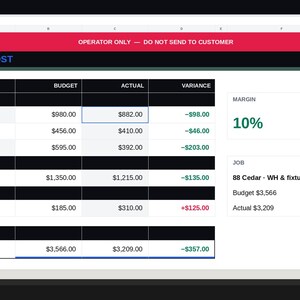May include: A digital job cost spreadsheet titled FIELDKIT with columns for category, budget, actual, and variance. It lists materials like water heater and copper supply, labor, and other costs for 88 Cedar, showing a 10% margin and total job costs.