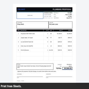 May include: A white plumbing proposal document titled Fieldkit with black headers and text. It lists items including a 50-gallon gas water heater swap, copper supply pipe, faucet sets, and a drain kit for Priya Shah at 88 Cedar Lane, totaling $3,566.00.