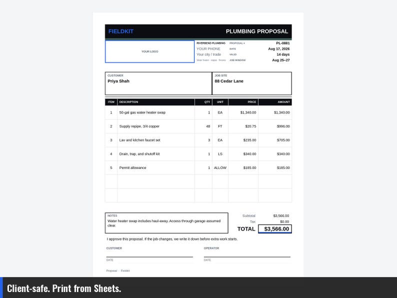 May include: A white plumbing proposal document titled Fieldkit with black headers and text. It lists items including a 50-gallon gas water heater swap, copper supply pipe, faucet sets, and a drain kit for Priya Shah at 88 Cedar Lane, totaling $3,566.00.