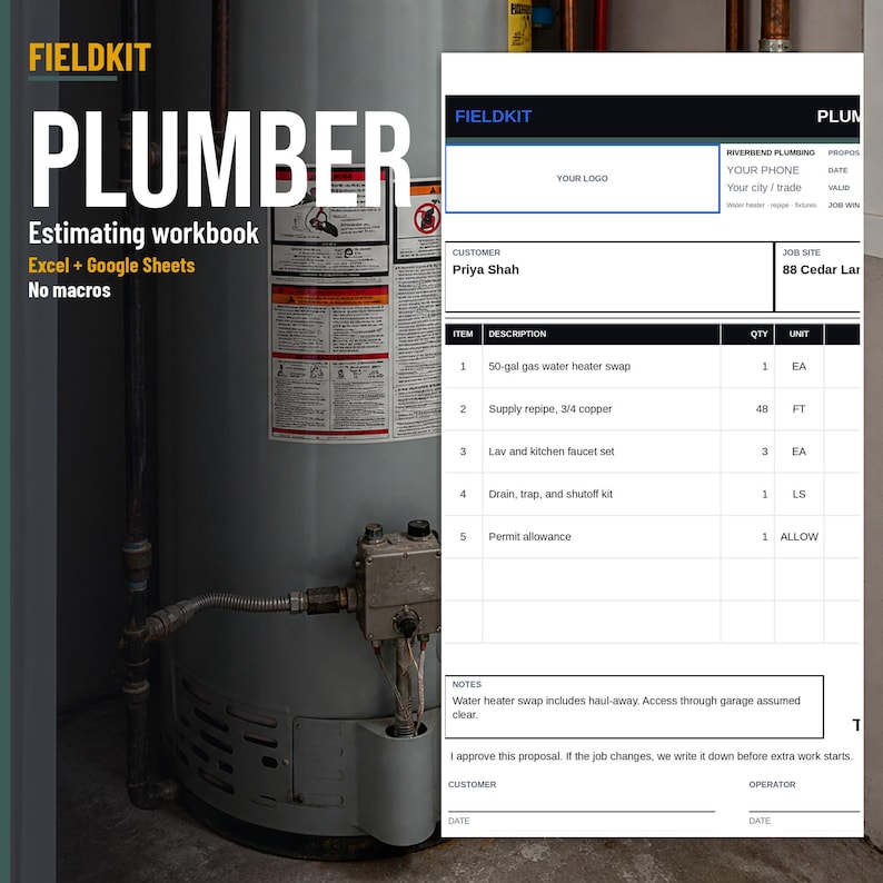 May include: A digital plumber estimating workbook for Excel and Google Sheets featuring a gray water heater background and a white proposal form. The form includes fields for customer details, job site, itemized plumbing tasks, and notes for approval.