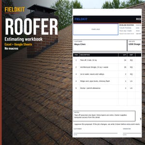Op de afbeelding: Een digitaal calculatiewerkboek voor dakdekkers genaamd FIELDKIT ROOFER, met een wit spreadsheet-sjabloon met zwarte tekst, kolommen voor itembeschrijvingen, hoeveelheden en eenheden, op een achtergrond van een bruin pannendak.
