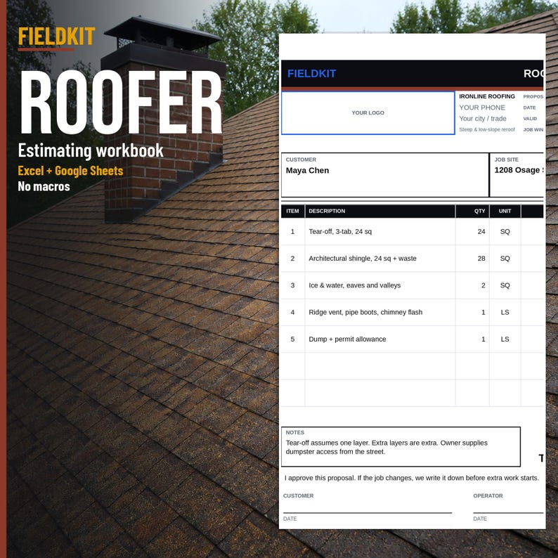 Op de afbeelding: Een digitaal calculatiewerkboek voor dakdekkers genaamd FIELDKIT ROOFER, met een wit spreadsheet-sjabloon met zwarte tekst, kolommen voor itembeschrijvingen, hoeveelheden en eenheden, op een achtergrond van een bruin pannendak.