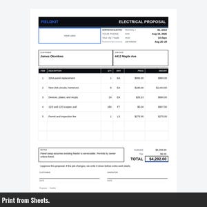 May include: A white document titled Electrical Proposal from Fieldkit, dated Aug 19, 2026. It lists customer James Okonkwo, job site 4412 Maple Ave, and five line items for electrical work including panel replacement, circuits, and permits, totaling $4,292.00.