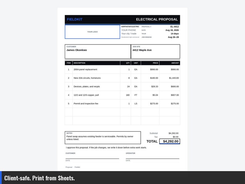 May include: A white document titled Electrical Proposal from Fieldkit, dated Aug 19, 2026. It lists customer James Okonkwo, job site 4412 Maple Ave, and five line items for electrical work including panel replacement, circuits, and permits, totaling $4,292.00.