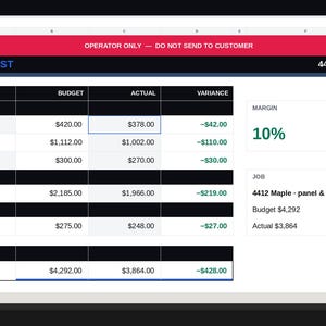 May include: A digital spreadsheet titled FIELDKIT JOB COST for 4412 Maple panel & circuits. The table displays categories for materials, labor, and other expenses with columns for budget, actual, and variance. A margin of 10% is shown on the right.
