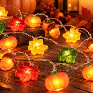 May include: A string of LED fairy lights featuring translucent plastic shapes of orange pumpkins, red and yellow maple leaves, and brown acorns. Each decorative element is illuminated from within, creating a warm glow along the clear wire.