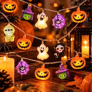 May include: A string of Halloween-themed LED lights featuring illuminated figures of orange jack-o'-lanterns, white ghosts, purple spider webs with black spiders, green-faced witches in purple hats, a white mummy, and a black-clad skeleton.