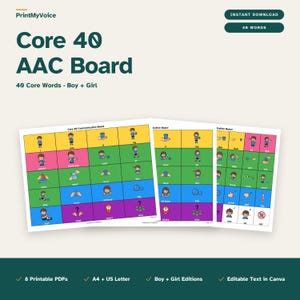 Może przedstawiać: Narzędzie komunikacyjne Core 40 AAC Board z siatką 40 kolorowych kwadratów z ilustracjami dzieci i czynności. Tekst zawiera PrintMyVoice, Core 40 AAC Board, 40 Core Words, Boy + Girl, Instant Download, 8 Printable PDFs, A4 + US Letter oraz Editable Text in Canva.