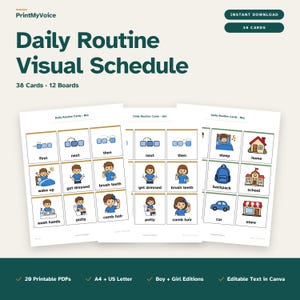 May include: A digital daily routine visual schedule set featuring 38 cards and 12 boards. The printable sheets display colorful icons with text labels like wake up, get dressed, brush teeth, wash hands, potty, comb hair, sleep, home, backpack, school, car, and store.