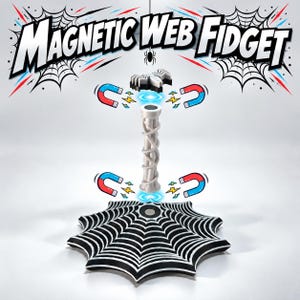 May include: A Magnetic Web Fidget toy featuring a black and white spider web base, a central white pillar with a spiral design, and a small spider-shaped magnetic topper. The text Magnetic Web Fidget is displayed at the top with spider web graphics.