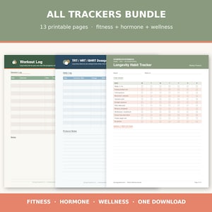 以下が含まれることがあります： ALL TRACKERS BUNDLEと題された13ページの印刷可能なデジタルバンドル。フィットネス、ホルモン、ウェルネスの記録用ログが含まれています。ページには、Workout Log、TRT/HRT/BHRT Dosage Daily Log、および習慣チェックボックス付きのLongevity Habit Trackerが含まれています。