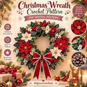 Crochet Wreath Pattern, Poinsettia Christmas Wreath PDF, Christmas Door Decor, Crochet Poinsettia and Pinecone Wreath with Bow