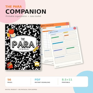 May include: A digital printable organisation and data toolkit titled The Para Companion. The cover features a black and white composition notebook pattern with a red apple, pencil, backpack, and bus. Includes 8.5x11 inch PDF pages for tracking.