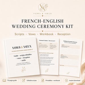 Op de afbeelding: Een Frans-Engelse huwelijksceremonie-kit met een gids van 70 pagina's, bewerkbare scripts en een werkboek. De omslag toont de tekst VOWS & VŒUX, en de binnenpagina's bevatten tweetalige instructies en leesgedeeltes in een strakke lay-out.