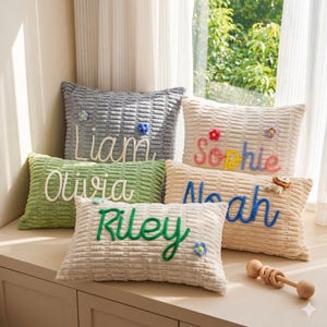 May include: A collection of five rectangular throw pillows with a textured, ribbed surface. Each pillow features a personalised name in raised, cursive lettering and small decorative floral or animal appliques in various colours.