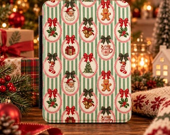 ヴィンテージクリスマスKindleケース、レトロなホリデー電子書籍リーダーカバー、緑のストライプのサンタジンジャーブレッドデザイン、Kindle Paperwhite第12世代およびColorsoft対応