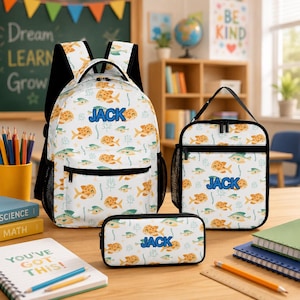 Gepersonaliseerde visrugzakset, Lake Fish 3-in-1 rugzakset, schoolrugzak met lunchtas en etui, oceaanboekentas, terug naar school