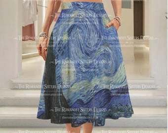 Starry Night Skirt – A-Line Midi Skirt with Pockets | Lightweight, Breathable, Van Gogh Inspired