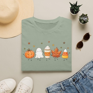 Cute Halloween Fall Characters T-Shirt | Pumpkin Ghost Coffee Leaf Candy Corn | Halloween Tee | Spooky Season Shirt | Cute Fall Shirt